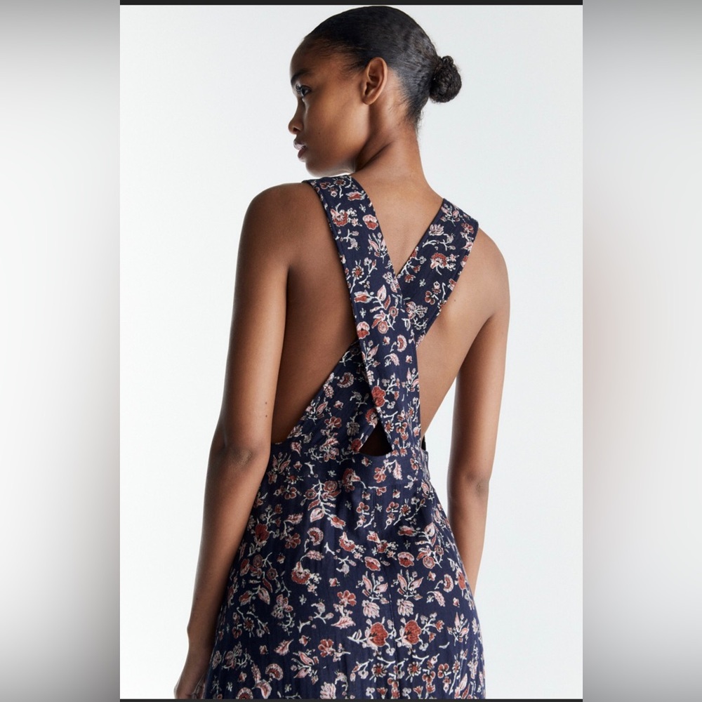 ZARA Floral Jumper Apron Crisscross Overalls Pinafore Midi Dress Size XS NWT